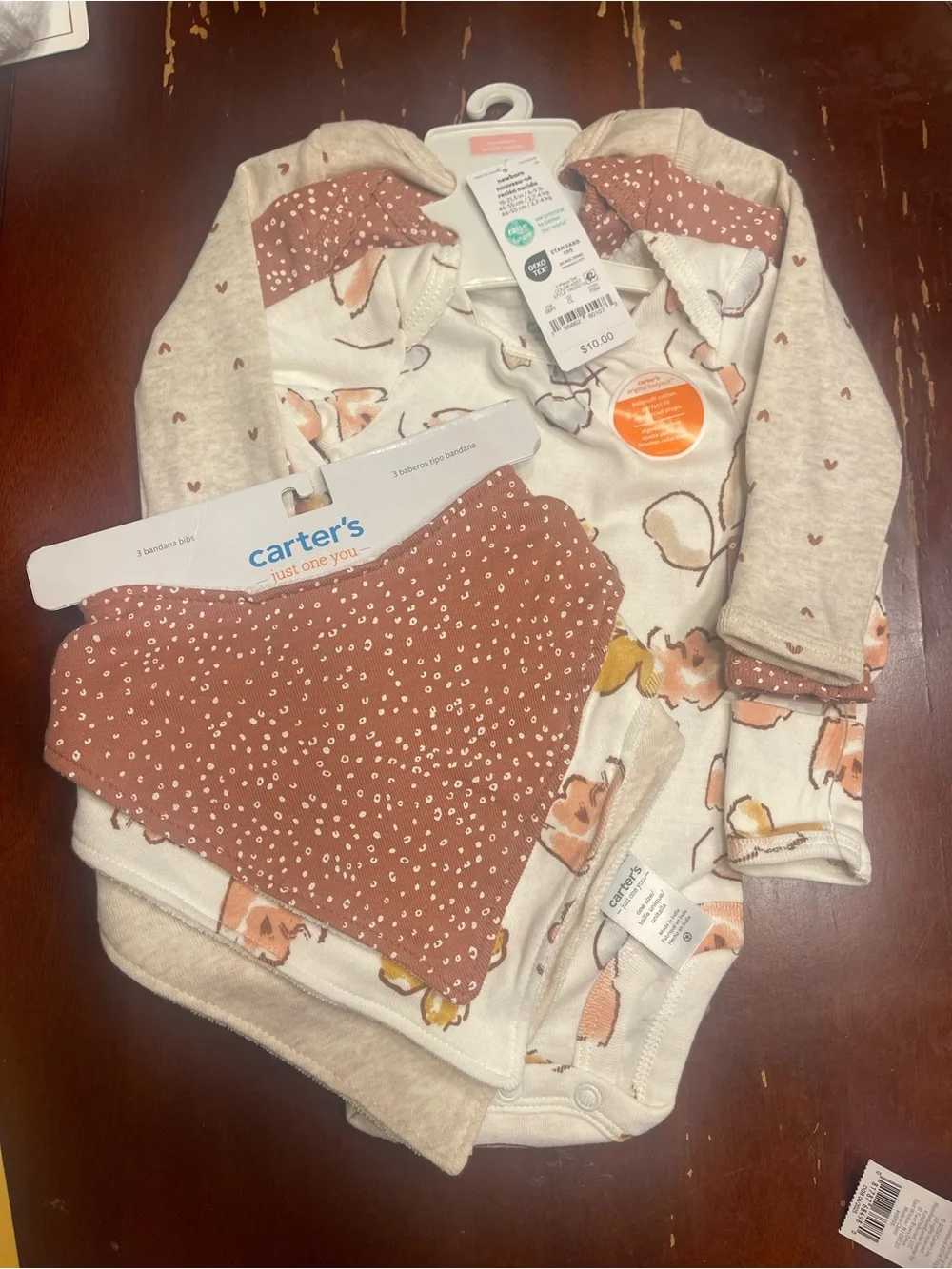Carter's Rust Floral & Fox Bodysuit with Rust Dot Bandana Bibs
